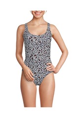 Lands' End Women's Long Torso Scoop Neck X-Back High Leg Tugless Sporty One Piece Swimsuit - Deep sea navy ditsy floral