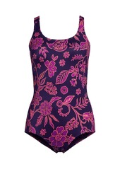 Lands' End Women's Long Scoop Neck Soft Cup Tugless Sporty One Piece Swimsuit Print - Navy/emerald decor paisley