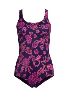 Lands' End Women's Long Scoop Neck Soft Cup Tugless Sporty One Piece Swimsuit Print - Blackberry ornate floral