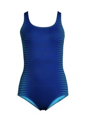 Lands' End Women's Long Scoop Neck Soft Cup Tugless Sporty One Piece Swimsuit Print - Deep sea navy/stripe ombre