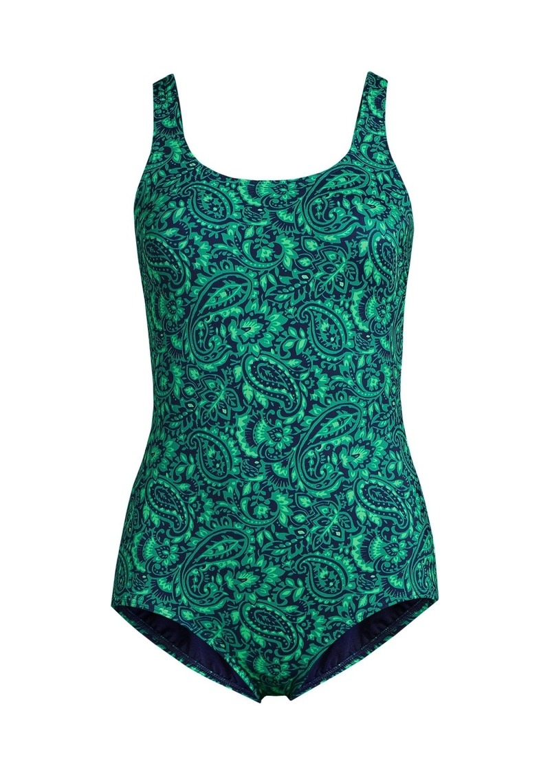 Lands' End Women's Long Scoop Neck Soft Cup Tugless Sporty One Piece Swimsuit Print - Navy/emerald decor paisley