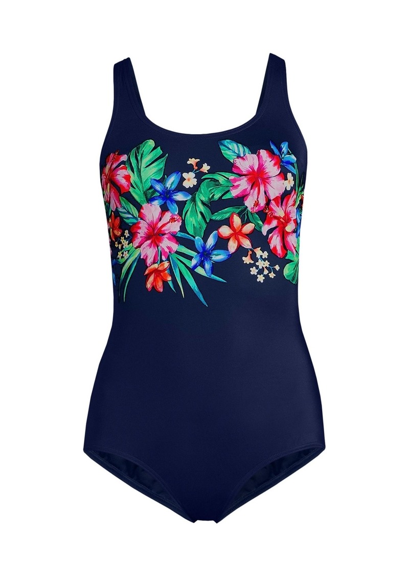 Lands' End Women's Long Scoop Neck Soft Cup Tugless Sporty One Piece Swimsuit Print - Navy rosella floral placement