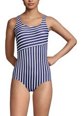 Lands' End Women's Long Scoop Neck Soft Cup Tugless Sporty One Piece Swimsuit Print - Deep sea/white media stripe