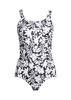 Lands' End Women's Long Scoop Neck Soft Cup Tugless Sporty One Piece Swimsuit Print - Black havana floral