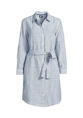 Lands' End Women's Long Sleeve Linen Shirt Dress - Evening blue stripe