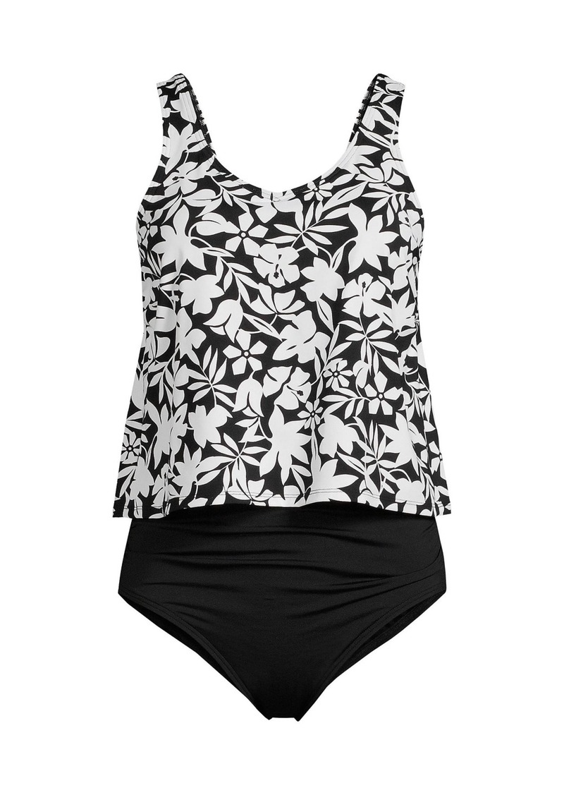 Lands' End Women's Long Torso Chlorine Resistant One Piece Fauxkini Swimsuit - Black havana floral