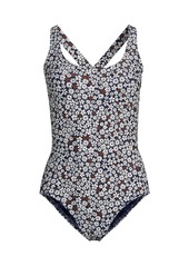 Lands' End Women's Long Torso Scoop Neck X-Back High Leg Tugless Sporty One Piece Swimsuit - Deep sea navy ditsy floral