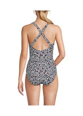 Lands' End Women's Long Torso Scoop Neck X-Back High Leg Tugless Sporty One Piece Swimsuit - Deep sea navy ditsy floral