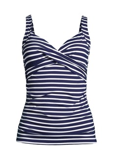 Lands' End Women's Long V-Neck Wrap Underwire Tankini Swimsuit Top Adjustable Straps - Deep sea/white media stripe
