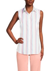 Lands' End Women's No Iron Sleeveless Shirt - White/cerise pink multi stripe