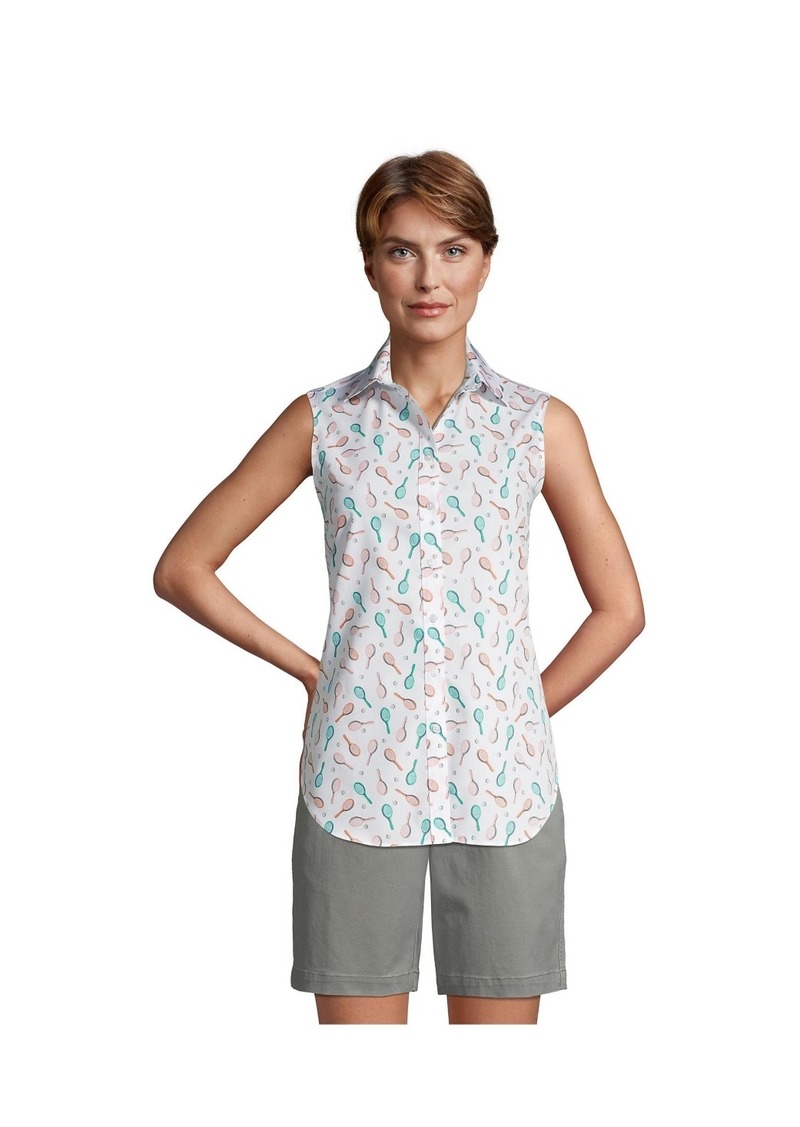 Lands' End Women's No Iron Supima Cotton Sleeveless Shirt - White tennis print