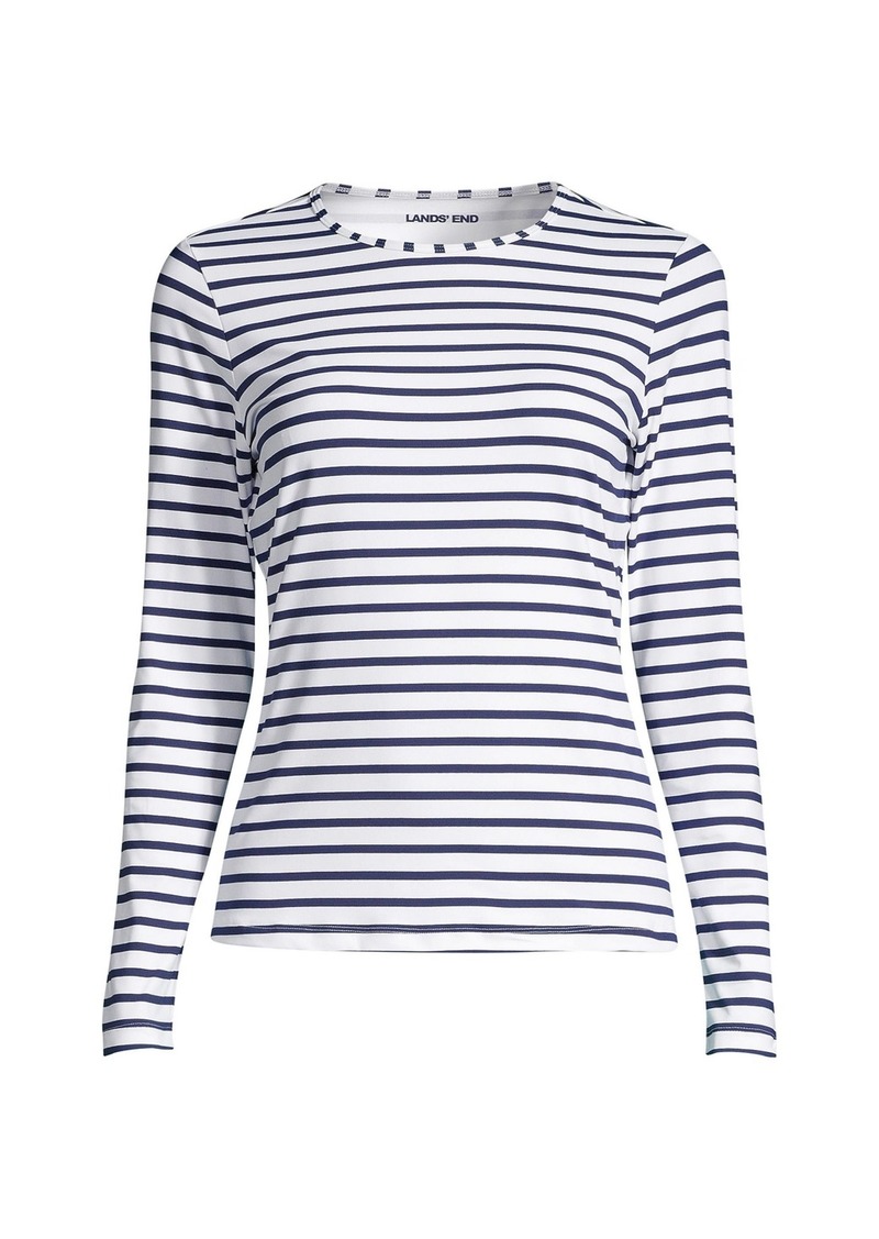 Lands' End Petite Crew Neck Long Sleeve Rash Guard Upf 50 Sun Protection Swim Tee - White/deep sea stripe