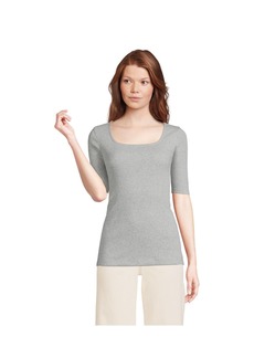 Lands' End Petite Elbow Sleeve Rib Square Neck T-shirt - Gray heather