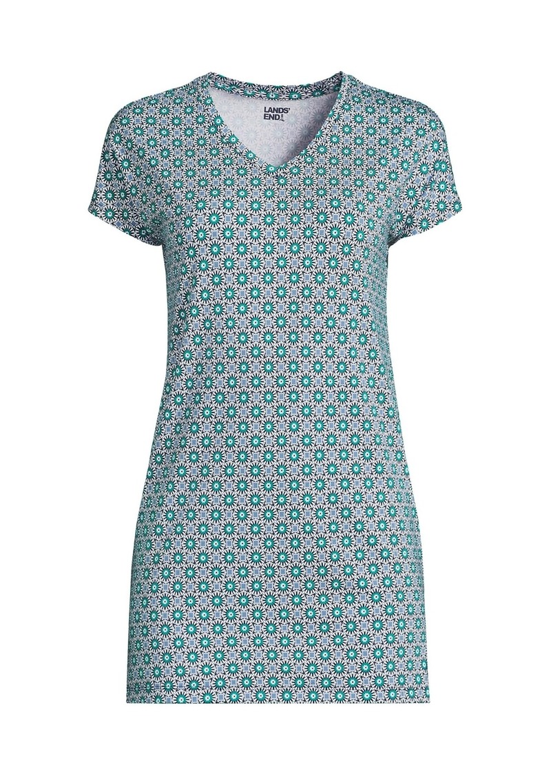 Lands' End Women's Short Sleeve Jersey Extra Long V neck Tunic - Emerald medallion tiles