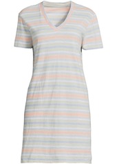 Lands' End Petite Slub Short Sleeve V Neck Above Knee T Shirt Dress - Crisp peach multi stripe