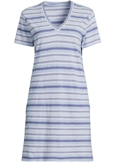 Lands' End Petite Slub Short Sleeve V Neck Above Knee T Shirt Dress - Tide blue multi stripe