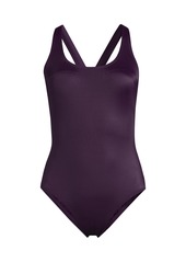 Lands' End Plus Size Scoop Neck X-Back High Leg Tugless Sporty One Piece Swimsuit - Blackberry