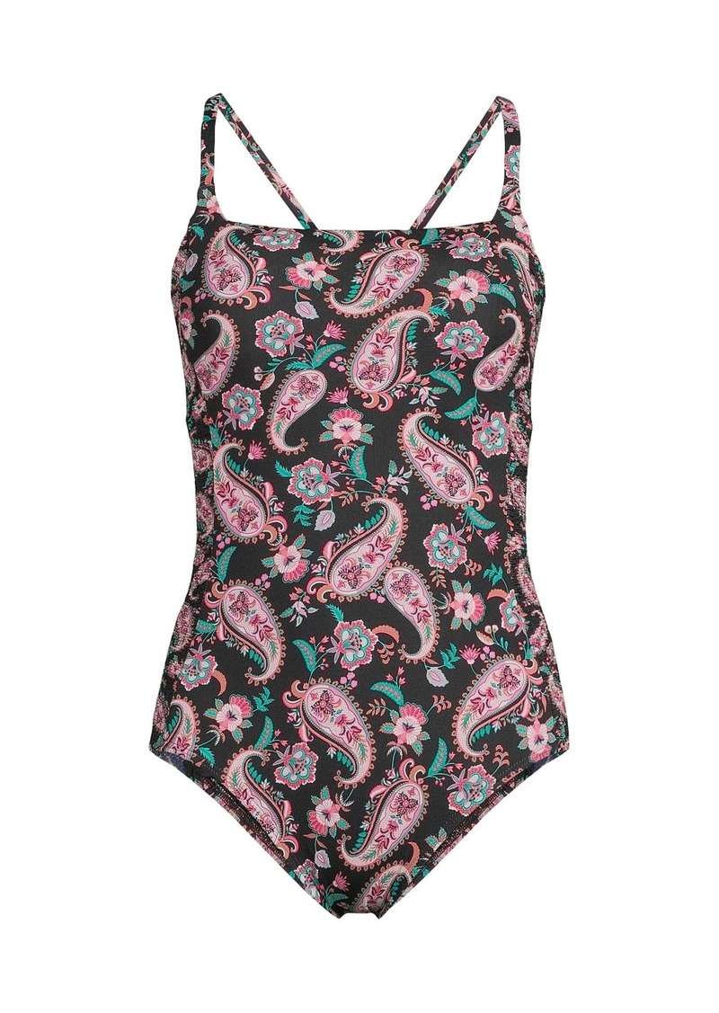 Lands' End Plus Size Chlorine Resistant Smocked Square Neck One Piece Swimsuit with Adjustable Straps - Black multi paisley floral