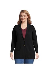 Lands' End Plus Size Fine Gauge Cotton Button Front Blazer Sweater - Deep sea navy