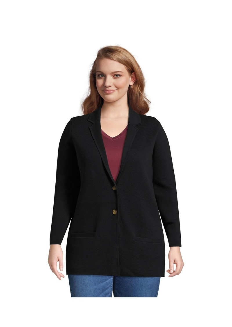 Lands' End Plus Size Fine Gauge Cotton Button Front Blazer Sweater - Black