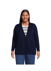 Lands' End Plus Size Fine Gauge Cotton Button Front Blazer Sweater - Black