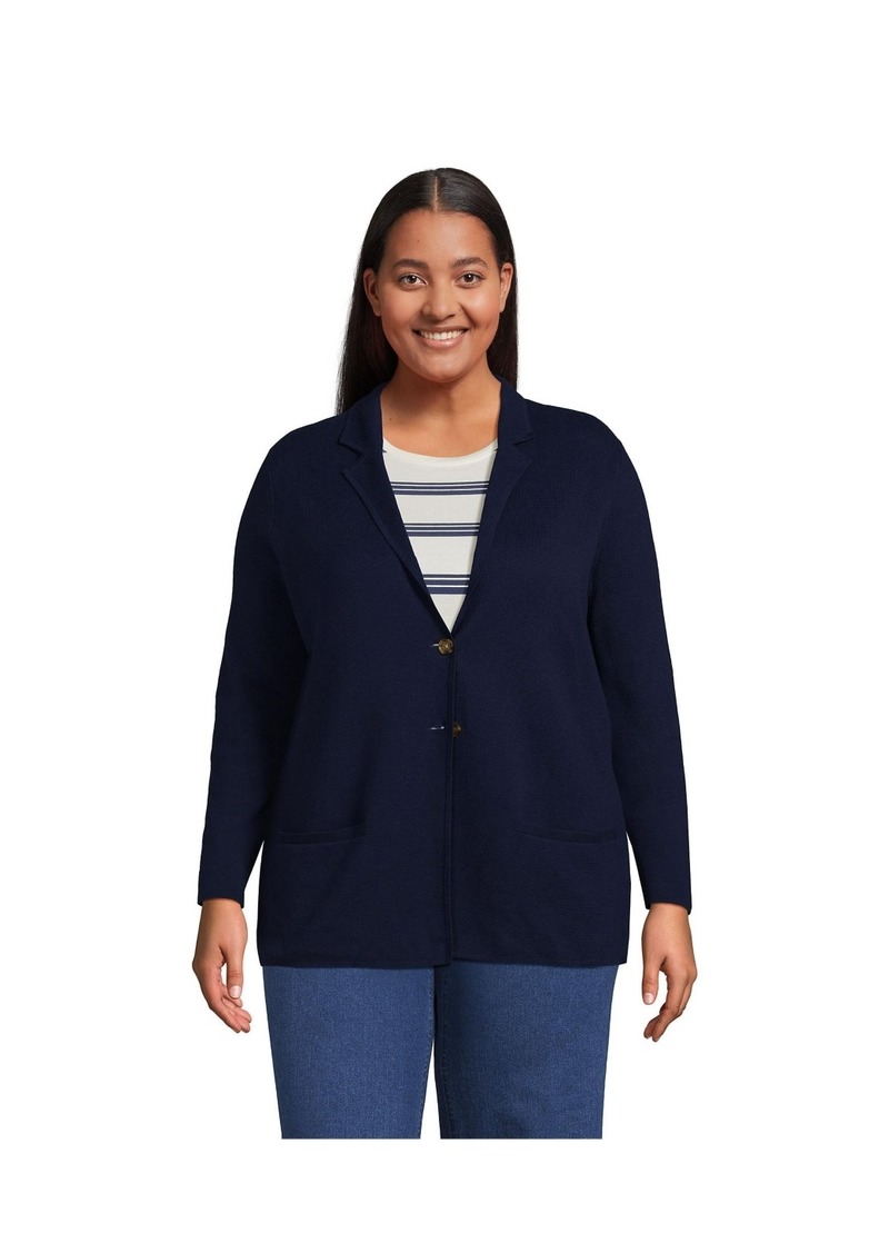 Lands' End Plus Size Fine Gauge Cotton Button Front Blazer Sweater - Deep sea navy