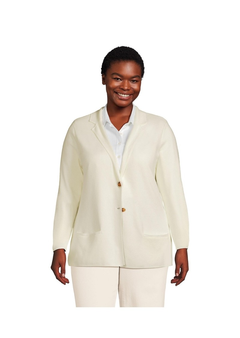 Lands' End Plus Size Fine Gauge Cotton Button Front Blazer Sweater - Ivory