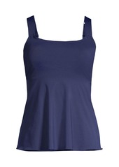 Lands' End Plus Size Flutter Scoop Neck Tankini Top - Deep sea polka dot