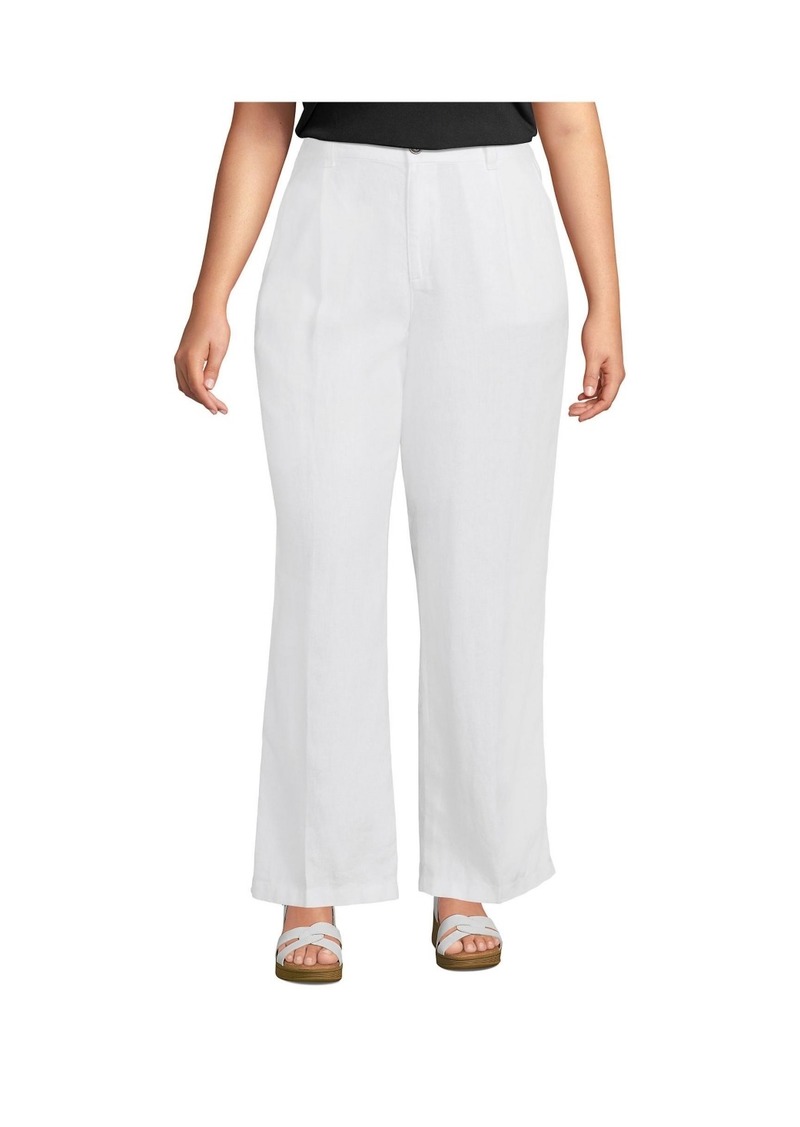 Lands' End Plus Size High Rise Wide Leg Linen Pleated Pants - White