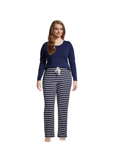 Lands' End Plus Size Knit Pajama Set Long Sleeve T-Shirt and Pants - Deep sea navy founders stripe