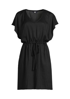Lands' End Plus Size Sheer Over d Short Sleeve Gathered Waist Swim Cover-up Dress - Black