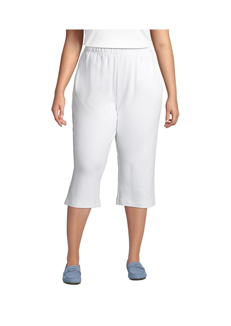 Lands' End Plus Size Sport Knit High Rise Elastic Waist Capri Pants - White