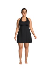 Lands' End Plus Size Square Neck Halter Swim Dress One Piece Swimsuit - Black