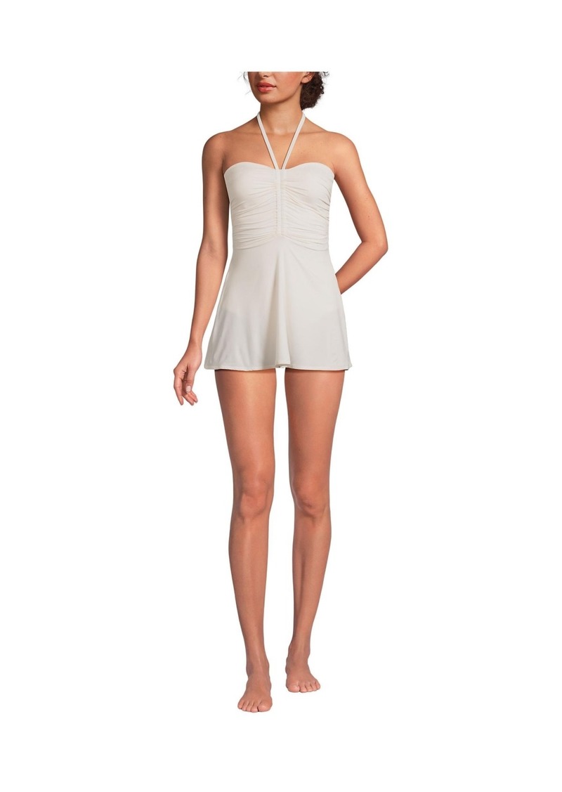 Lands' End Women's Ruched Multi-Way Sweetheart Halter Swim Dress One Piece Swimsuit - Egret white