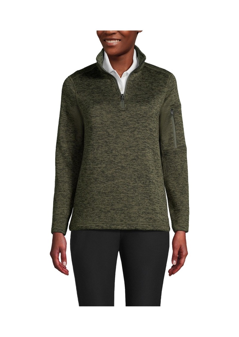 Lands' End Women's School Uniform Sweater Fleece Quarter Zip Pullover - Forest moss/olive heather