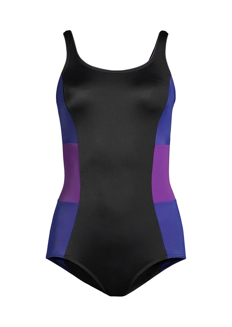 Lands' End Women's Scoop Neck Soft Cup Tugless Sporty One Piece Swimsuit - Black/purple grape