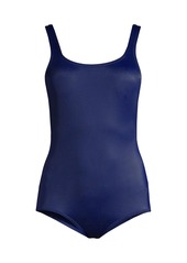 Lands' End Women's Scoop Neck Soft Cup Tugless Sporty One Piece Swimsuit - Black/purple grape
