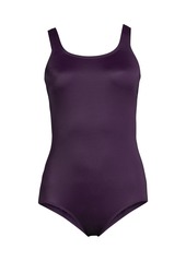 Lands' End Women's Scoop Neck Soft Cup Tugless Sporty One Piece Swimsuit - Black/purple grape