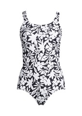 Lands' End Women's Chlorine Resistant Soft Cup Tugless Sporty One Piece Swimsuit - Black havana floral
