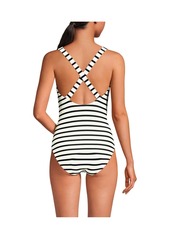 Lands' End Women's Scoop Neck X-Back High Leg Tugless Sporty One Piece Swimsuit - Blackberry tile geos