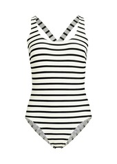 Lands' End Women's Scoop Neck X-Back High Leg Tugless Sporty One Piece Swimsuit - Blackberry tile geos