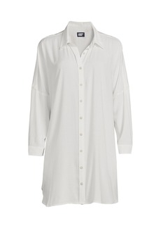 Lands' End Women's Sheer Rayon Oversized Button Front Swim Cover-up Shirt - White