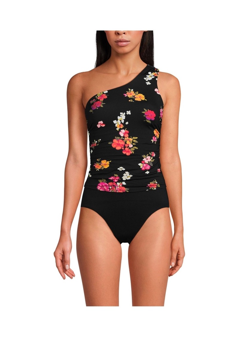 Lands' End Women's Shirred One Shoulder Tankini Swimsuit Top - Black meadow floral