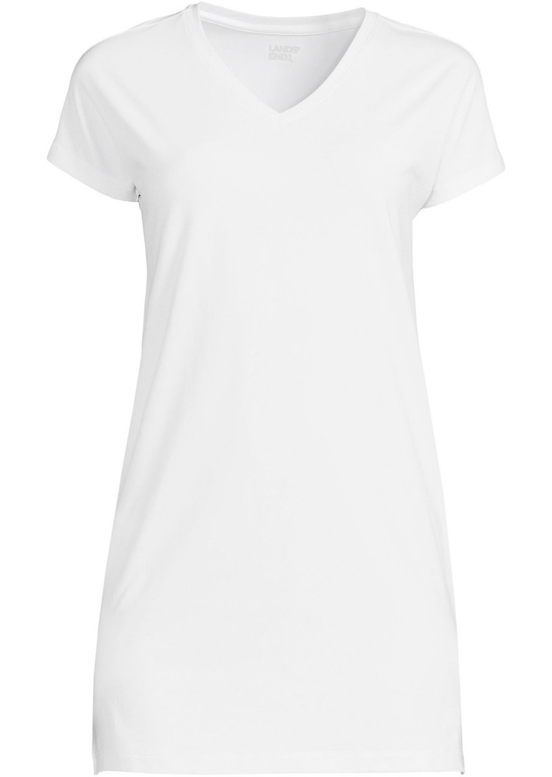 Lands' End Women's Short Sleeve Jersey Extra Long V neck Tunic - White