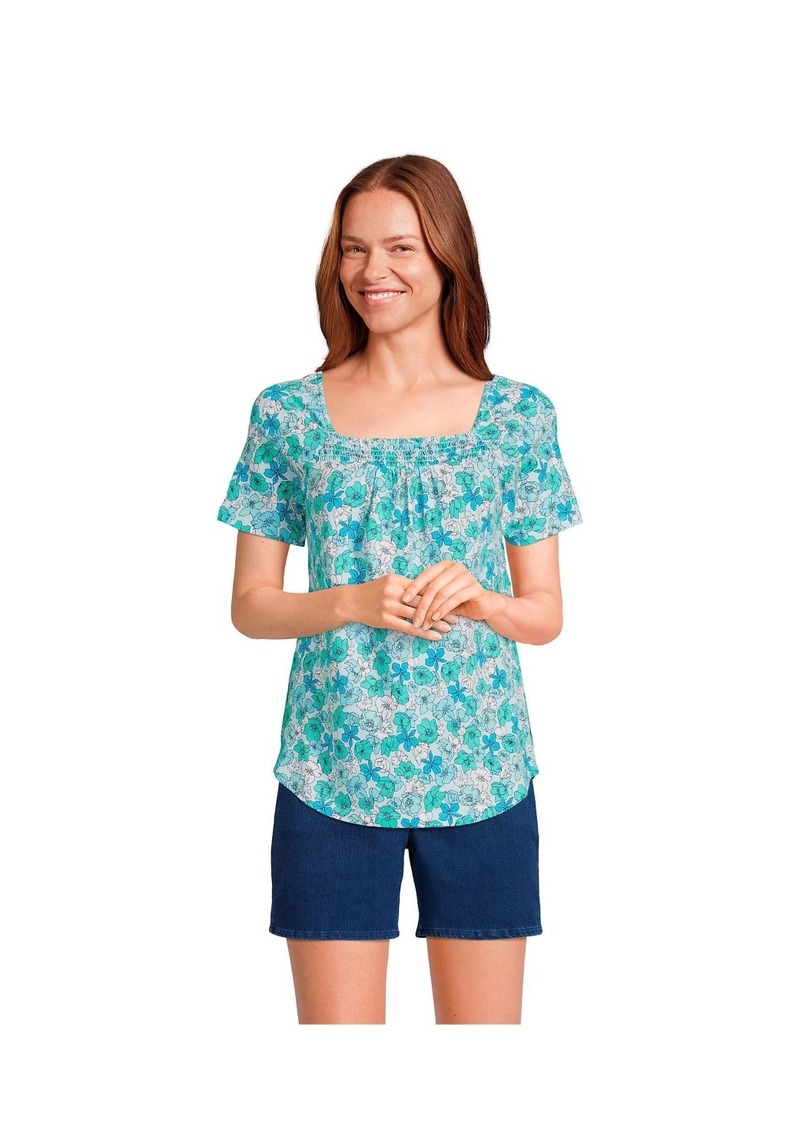 Lands' End Women's Short Sleeve Light Weight Smocked Square Neck Top - Island aqua small floral