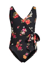 Lands' End Women's Side Tie V-neck Wrap High Leg One Piece Swimsuit - Black meadow floral