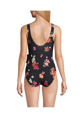 Lands' End Women's Side Tie V-neck Wrap High Leg One Piece Swimsuit - Black meadow floral