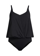 Lands' End Women's Smoothing Control Blouson Fauxkini One Piece Swimsuit - Black