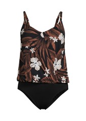 Lands' End Women's Smoothing Control Blouson Fauxkini One Piece Swimsuit - Black floral palm