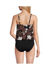 Lands' End Women's Smoothing Control Blouson Fauxkini One Piece Swimsuit - Black floral palm